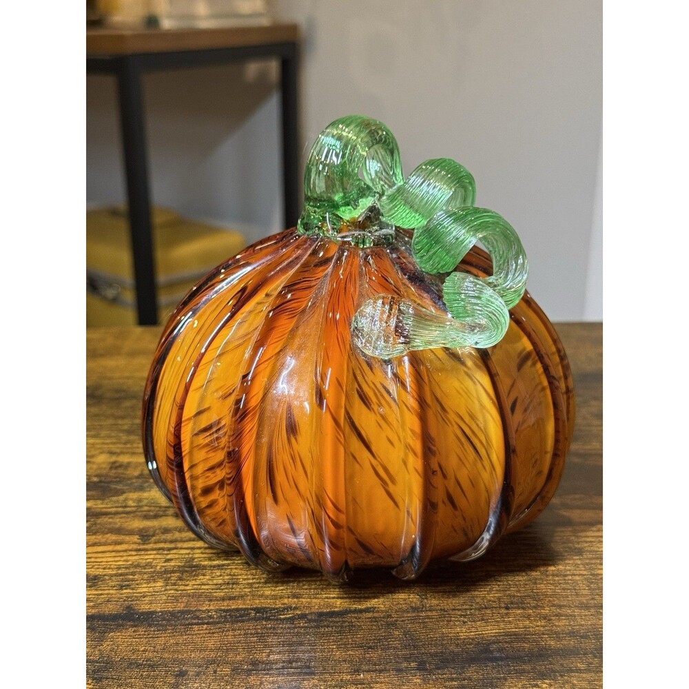 Hand Blown Art Glass Pumpkin Amber Orange Green Stem Curly Vine Fall Decor 6”